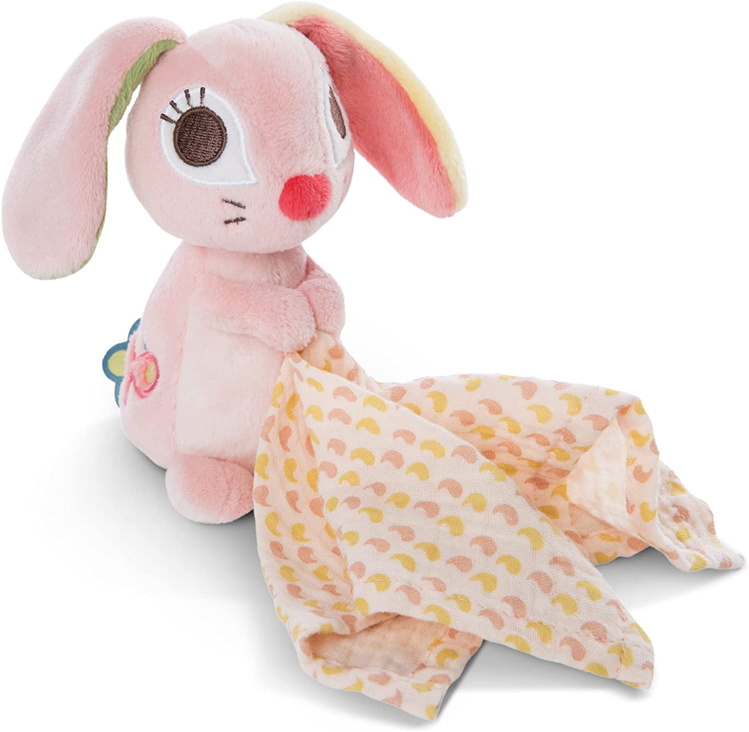 Jucărie moale 3D NICI - Iepurele Hopsali cu batista de muselina, 13 cm