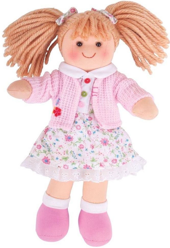 Papusa moale Bigjigs - Popi, cu rochita inflorata si vesta, 28 cm