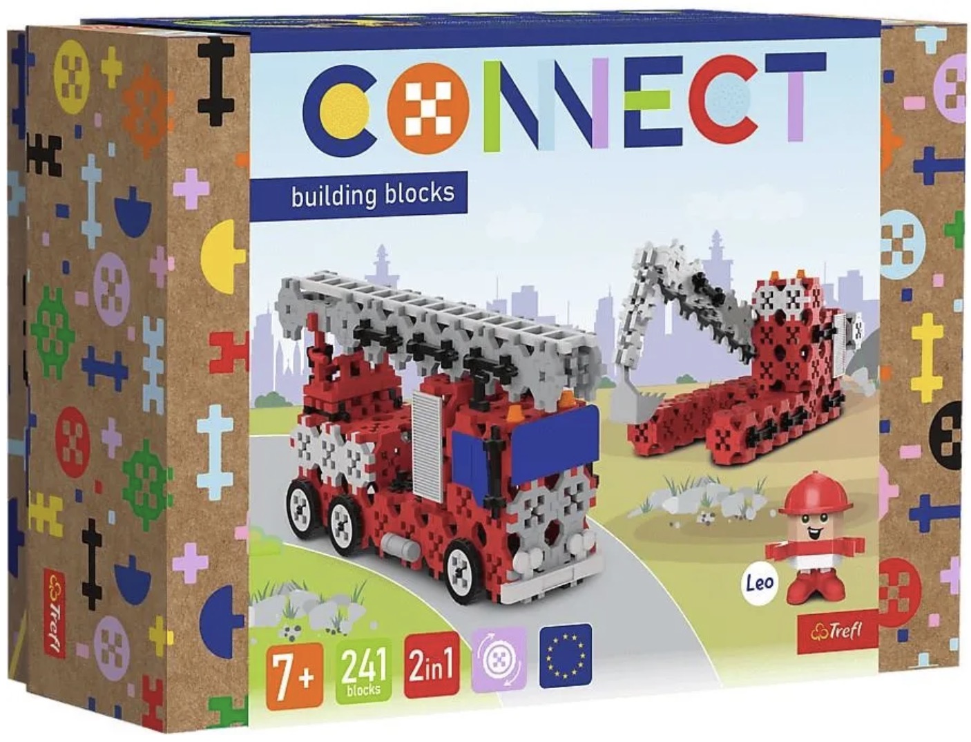 Mini constructor  2 în 1 Trefl Connect - Autospecială de pompieri/Excavator pe șenile, 241 bucăți