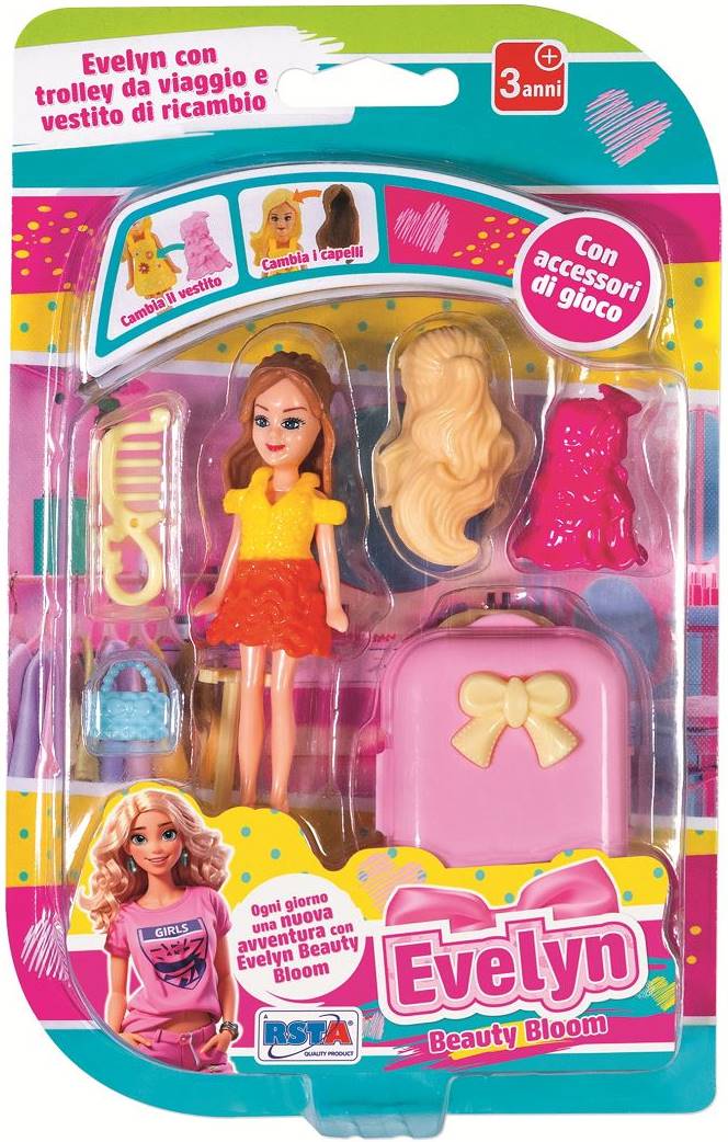 Păpușă mică RS Toys Evelyn Beauty Bloom - Cu valiză roz și accesorii