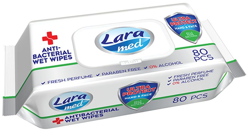 Șervețele umede cu capac Lara Med - Antiseptic pentru mâini și față, 80 buc