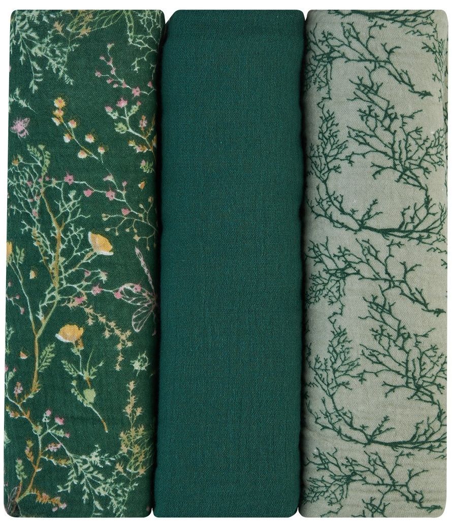 Prosoape de muselină KikkaBoo - Secret Garden, 100 х 100 cm, 3 buc, verde