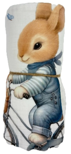 Pătură din muselină Bambino Casa - Blu Rabbit Bicycle, 120 x 120 cm