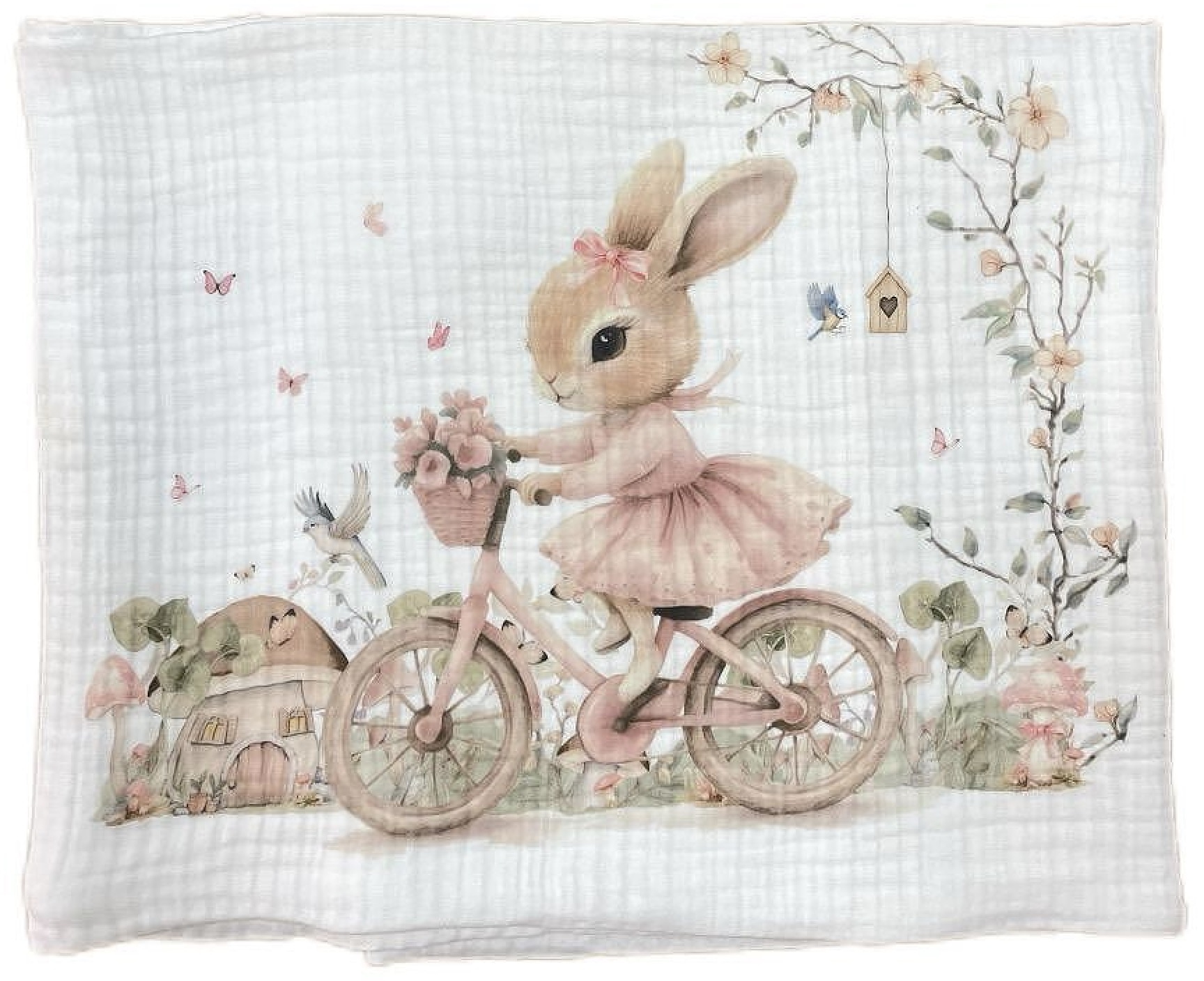 Pătură de muselină Bambino Casa - Rose Rabbit Bicycle, 120 х 120 cm