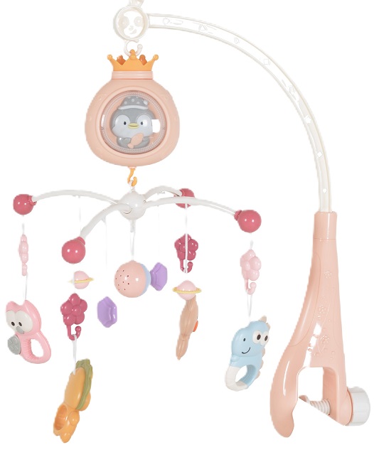 Carusel muzical pentru pat Moni Toys -Pinguin, roz