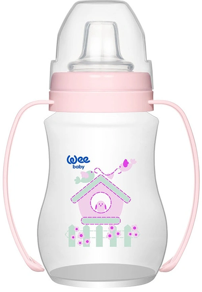 Cană cu mânere anti-vărsare Wee Baby - 250 ml, roz cu casuță