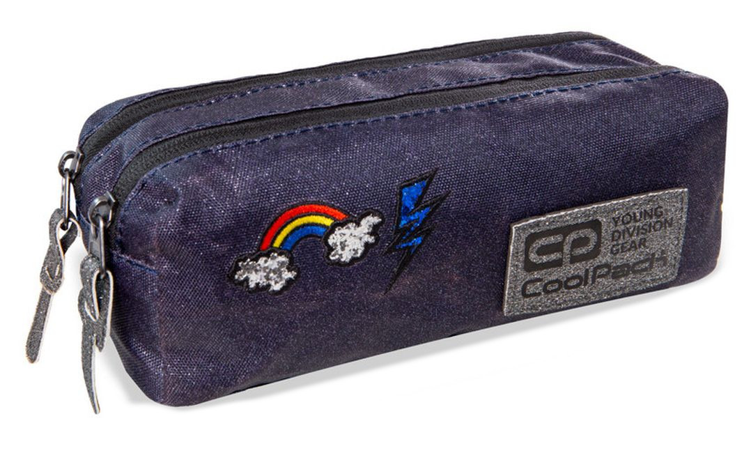 Penar scolar dreptunghiular Cool Pack Edge - Sparkling Badges, Jeans, cu 2 fermoare