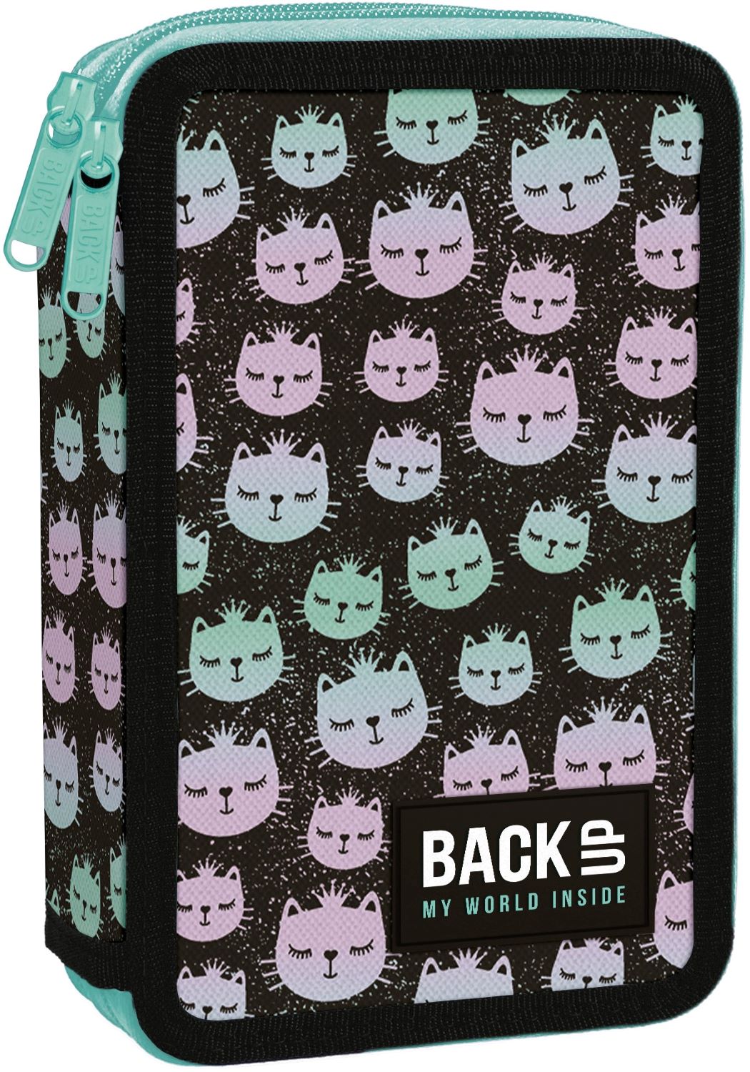 Penar școlar cu rechizite BackUp DW - Rainbow Cat, 2 fermoar