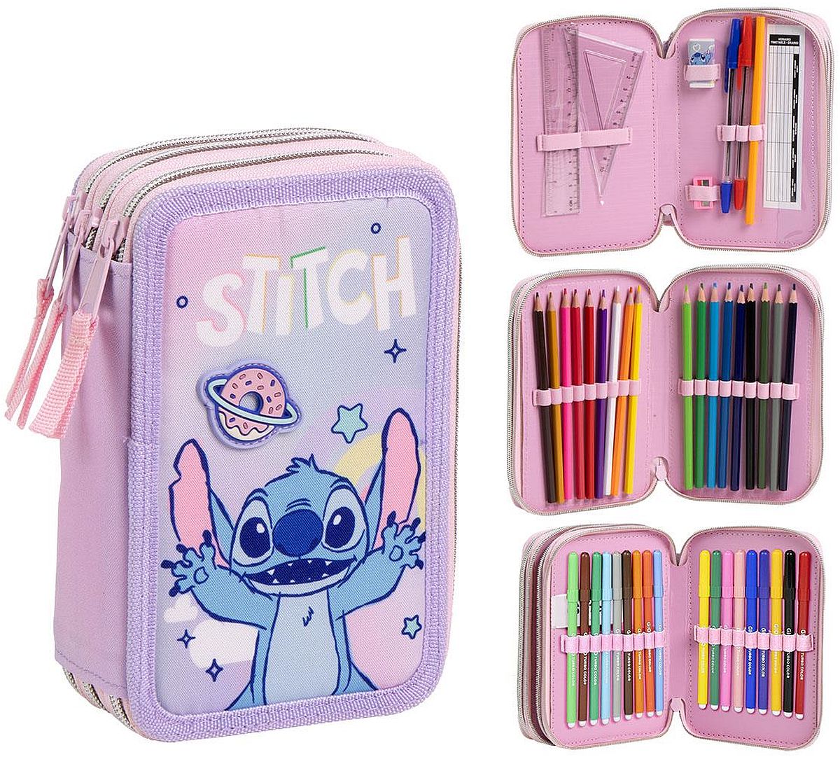 Penar cu rechizite Cerda Stitch - Roz, 3 fermoare