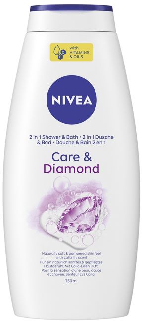 Nivea Gel de duș 2 în 1 și spumă de baie Care & Diamond, 750 ml