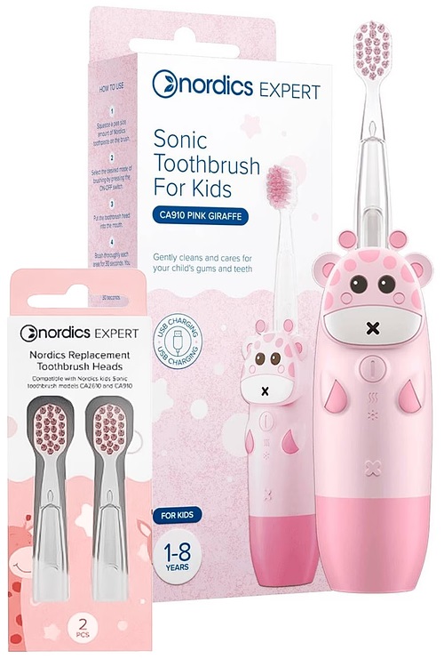Nordics Set - Periuță de dinți electrică sonică pentru copii Girafă, roz + capete de rezervă, roz, 2 bucăți