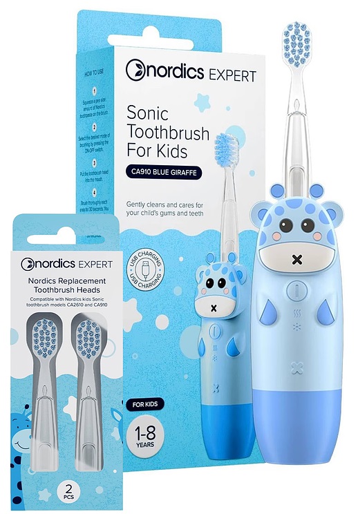 Nordics Set - Periuță de dinți electrică sonică pentru copii Girafă, albastră + capete de rezervă, albastre, 2 bucăți