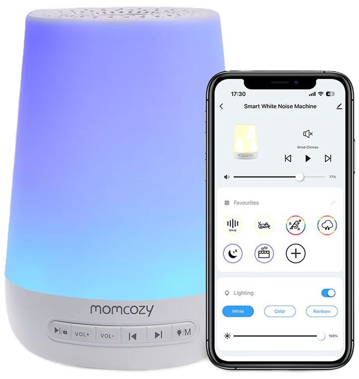 Lampa de noapte cu cutie muzicală Momcozy – Cu zgomot alb și 7 culori, albă
