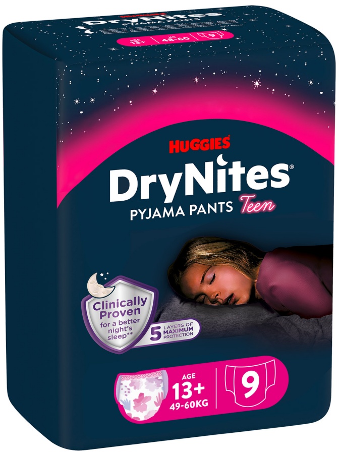 Scutece-chiloței de noapte Huggies DryNites - 13+ ani, 49-60 kg, 9 buc, roz