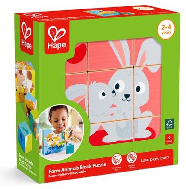 Puzzle educațional din lemn cu cuburi Hape - Fermă, 9 piese