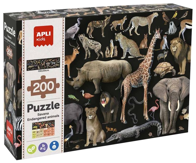 Puzzle educațional Apli Kids - Animale pe cale de dispariție din savană, 200 piese