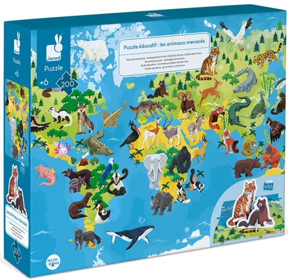 Janod Puzzle din 200 de piese - Animale pe cale de dispariție
