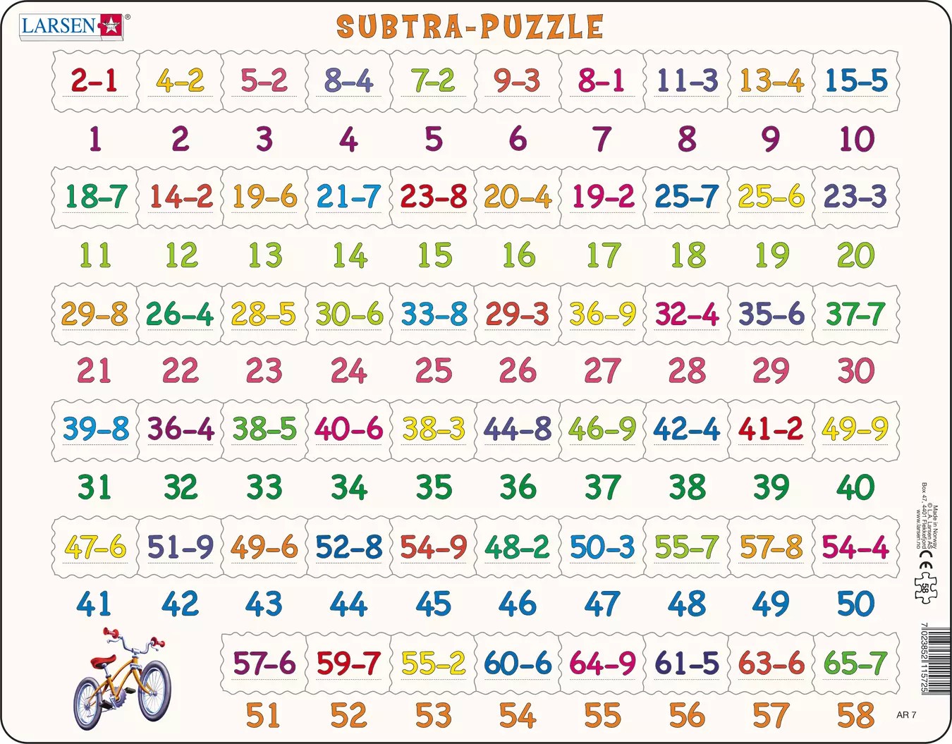 Puzzle educațional Larsen din 58 piese - Scădere din 1 până la 65