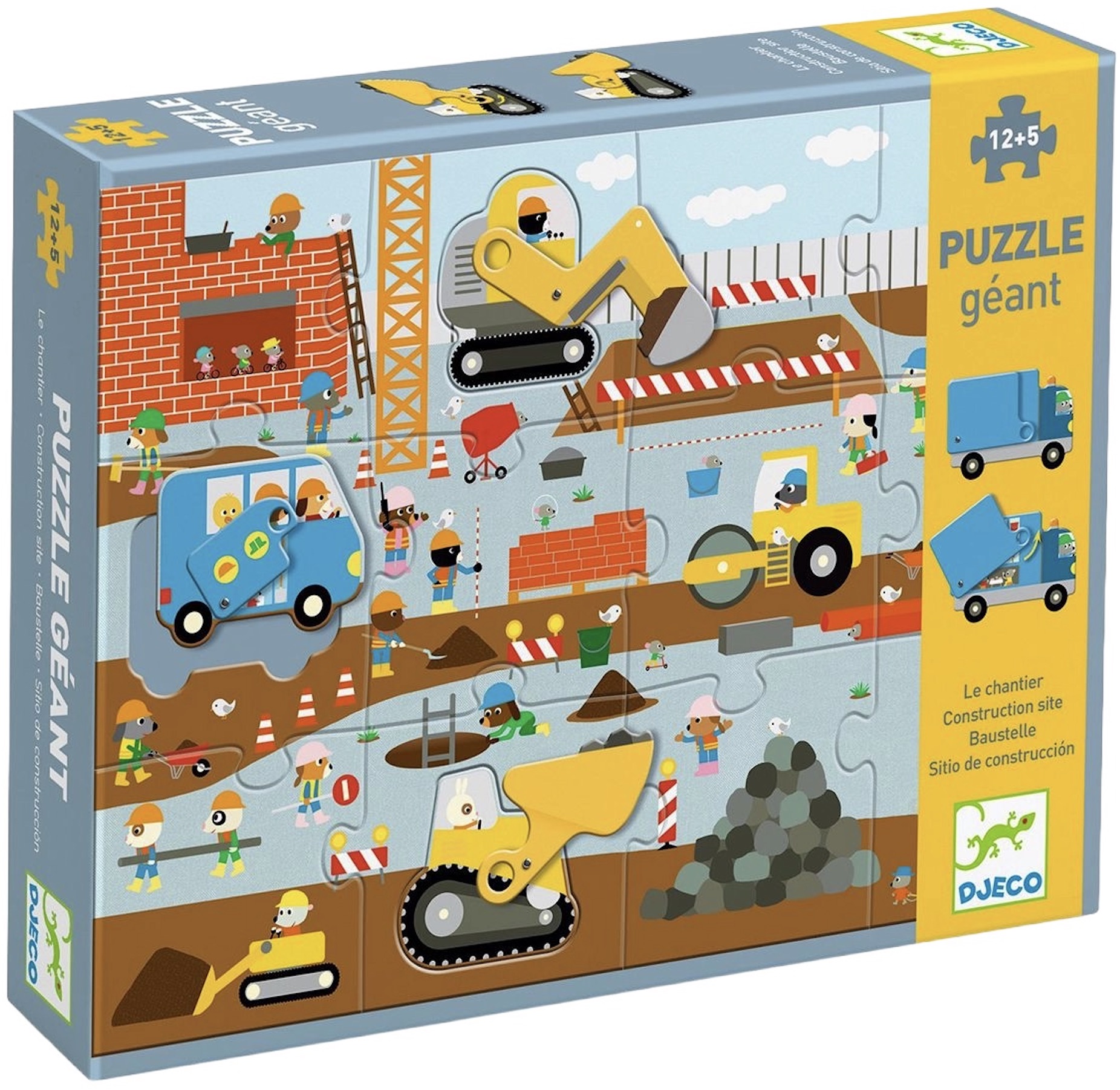 Puzzle educativ cu piese mobile Djeco - Utilaje de construcții, 17 piese