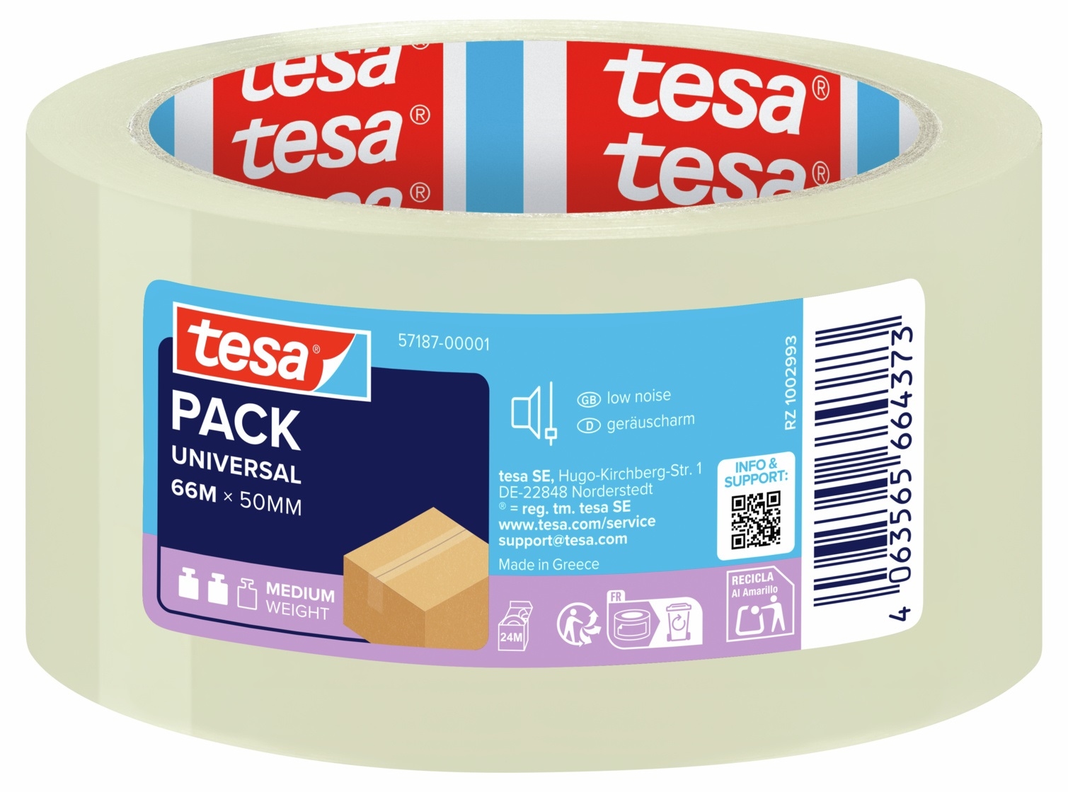 Bandă de ambalare Tesa – Pack Universal, silențioasă, 66 m x 50 mm, transparentă