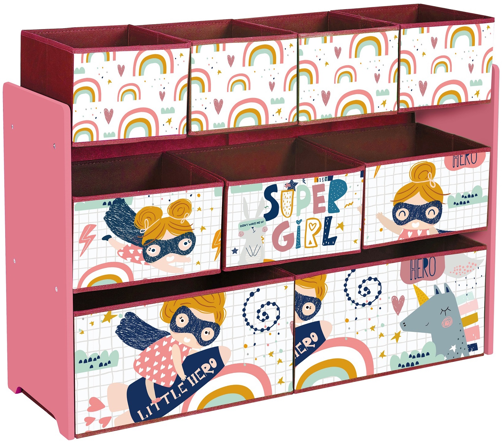 Organizator etajeră pentru jucării și cărți Ginger Home - Super Girl, cu 9 cosuri