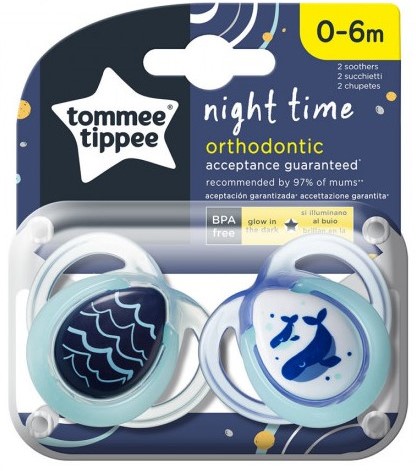 Suzete ortodontice Tommee Tippee - NIGHT TIME, 0-6 luni, 2 buc, Balenele