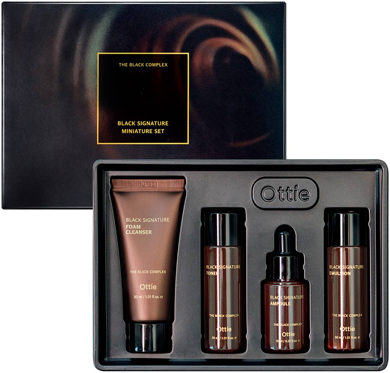 Ottie Black Signature Set - Toner, Emulsie, Spumă de curățare și Ampulă, 3 х 30 + 15 ml