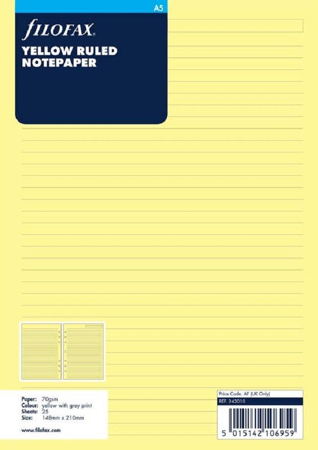 Rezerva pentru organizator Filofax A5 - Foi galbene liniate
