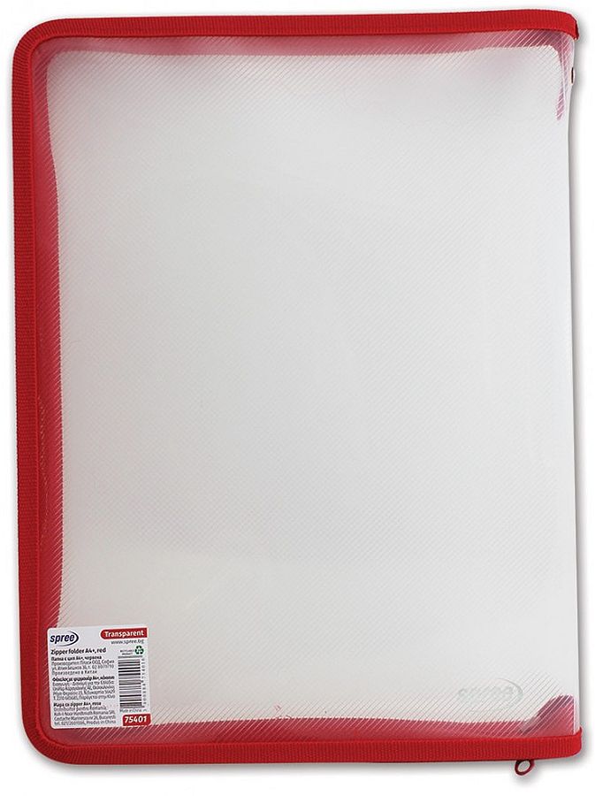 Dosar cu fermoar Spree - A4+, roşu, transparent