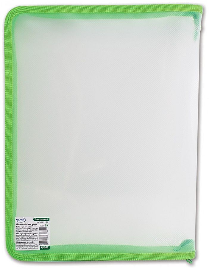 Dosar cu fermoar Spree - A4+, verde, transparent