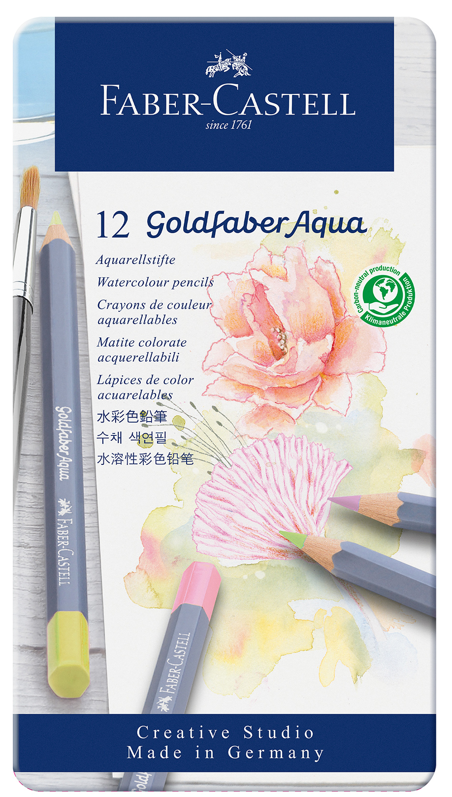 Creioane pastel Faber-Castell Goldfaber Aqua - 12 culori, în cutie metalică
