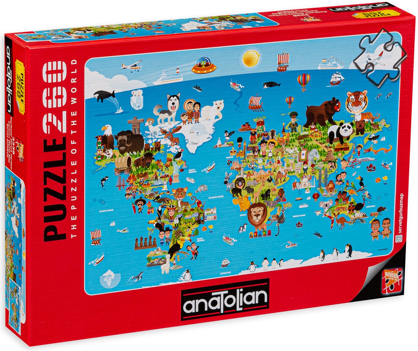 Puzzle Anatolian din 260 de piese - Harta lumii cu animale