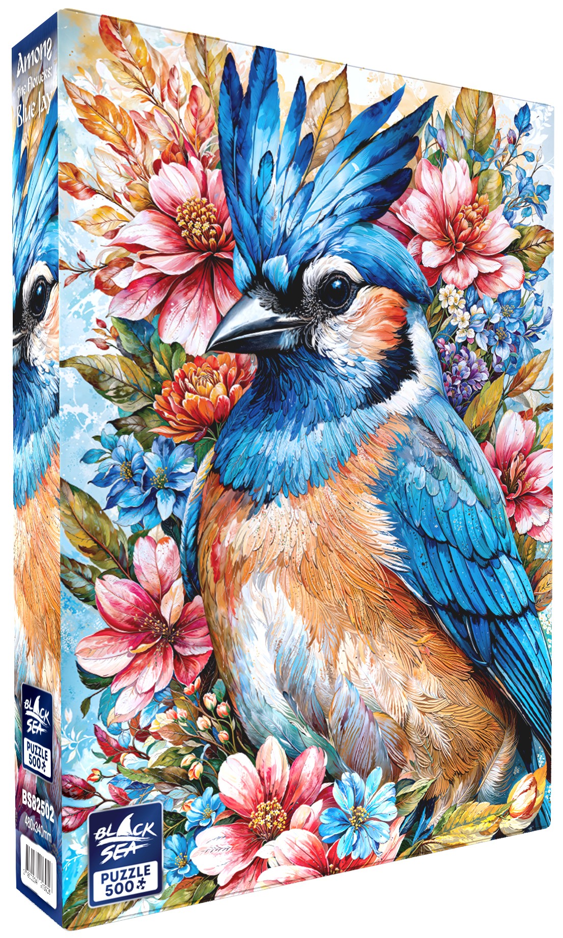 Puzzle Black Sea din 500 piese - Printre flori: Gaiță albastră