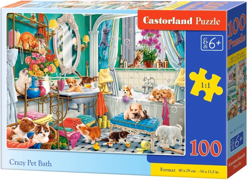 Puzzle Castorland din 100 de piese - Bălăceala nebună a animalelor de companie