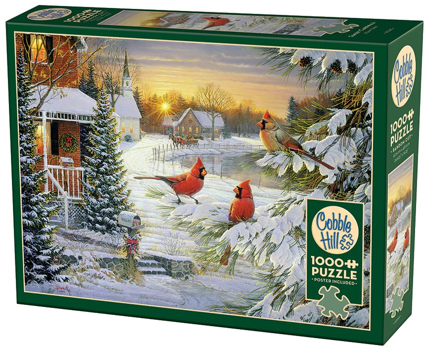 Puzzle Cobble Hill din 1000 piese - Apus de soare cu cardinalii