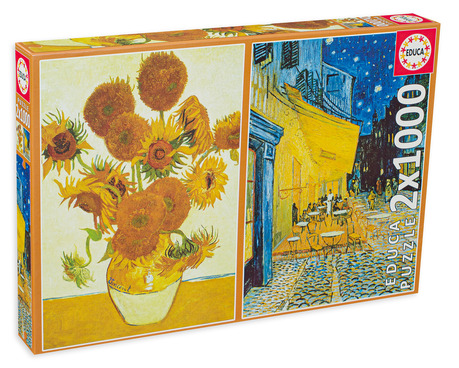 Puzzle Educa din 2 x 1000 de piese - Vincent van Gogh, Sunflowers and Café Terrace at Night