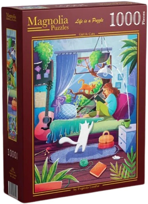 Puzzle Magnolia din 1000 piese - Fată și pisici