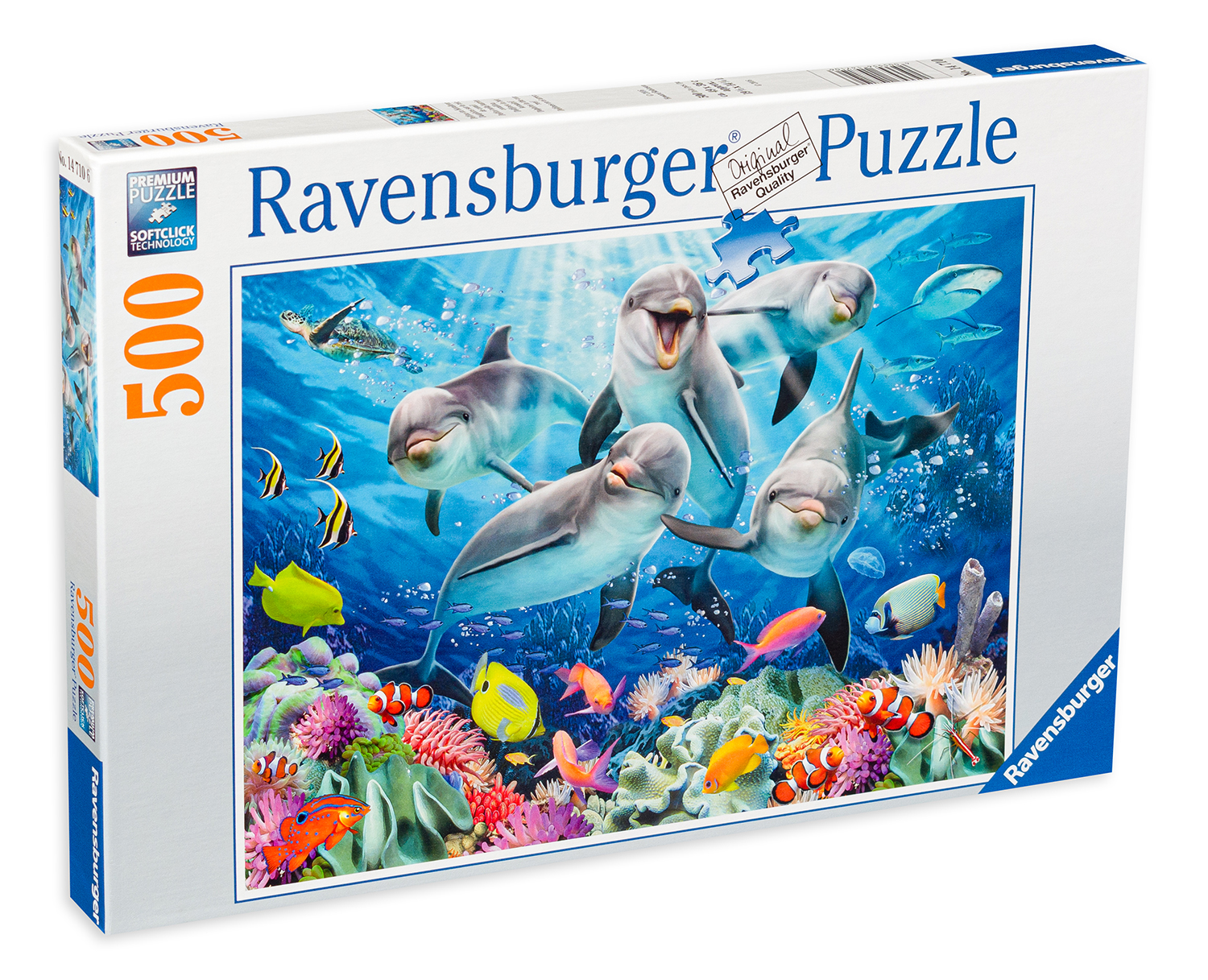 Puzzle Ravensburger din 500 de piese - Delfini in reciful de  coral