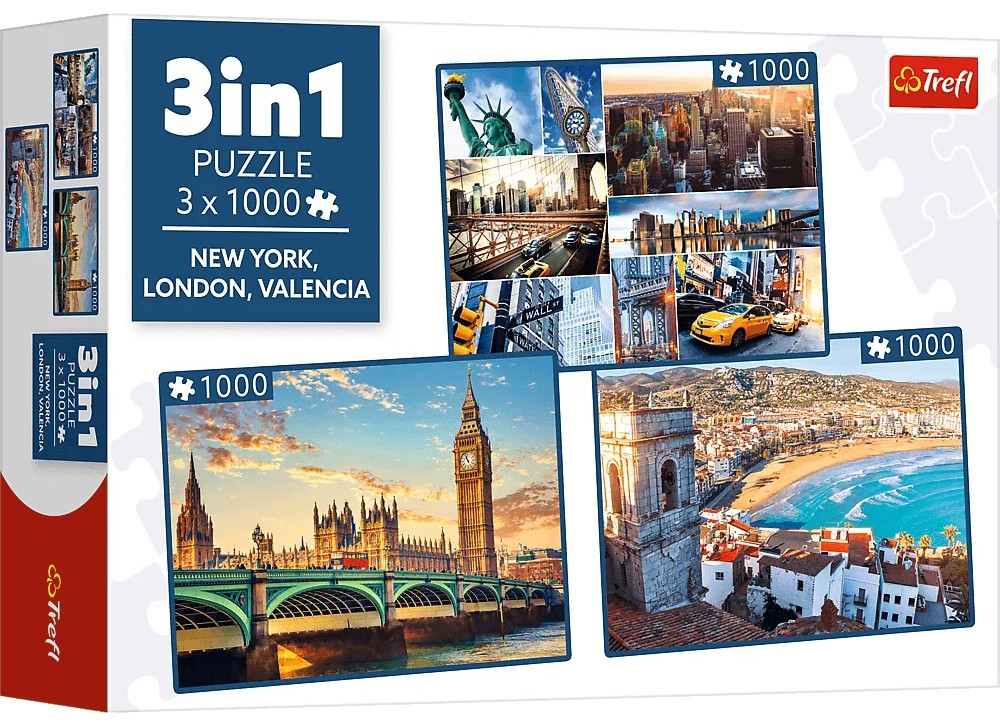 Puzzle Trefl din 3 х 1000 piese - New York, Londra, Valencia