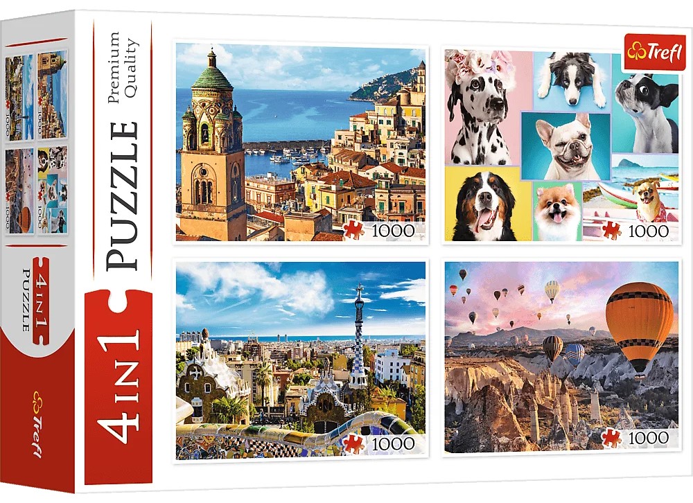 Puzzle Trefl din  4 х 1000 piese -Amalfi, Barcelona, baloane și câini