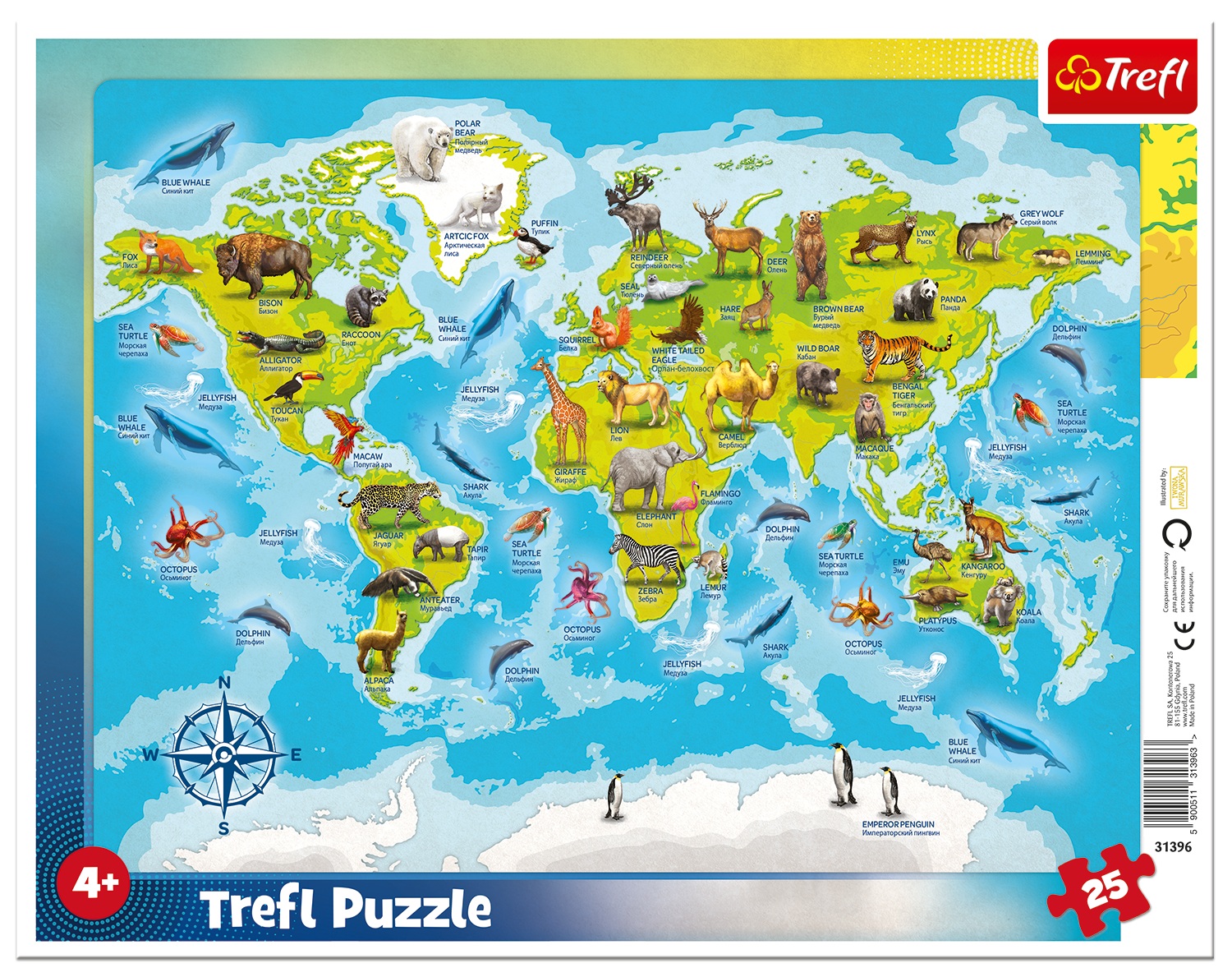 Puzzle în ramă Trefl de 25 piese - Harta lumii cu animale