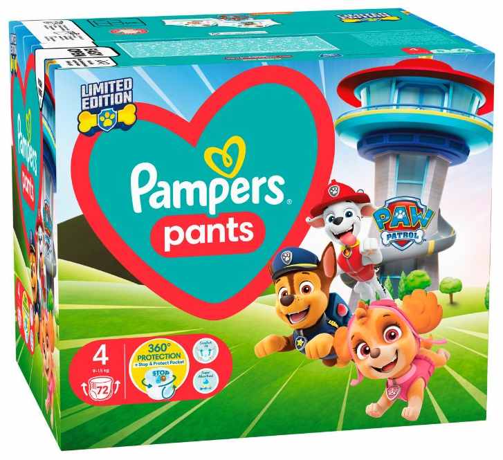 Scutece chilotei Pampers Pants - Paw Patrol, mărimea 4, 9-15 kg, 72 buc.