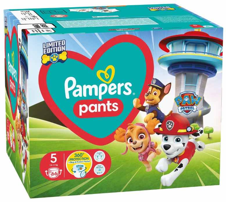 Scutece chilotei Pampers Pants - Paw Patrol, mărimea 5, 12-17 kg, 66 buc.