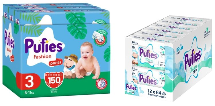 Scutece tip chiloței  Pufies Fashion - Mărimea 3, 150 bucati , 6-11 kg, Multipack + luni șervețele umede, 12 х 64 bucati