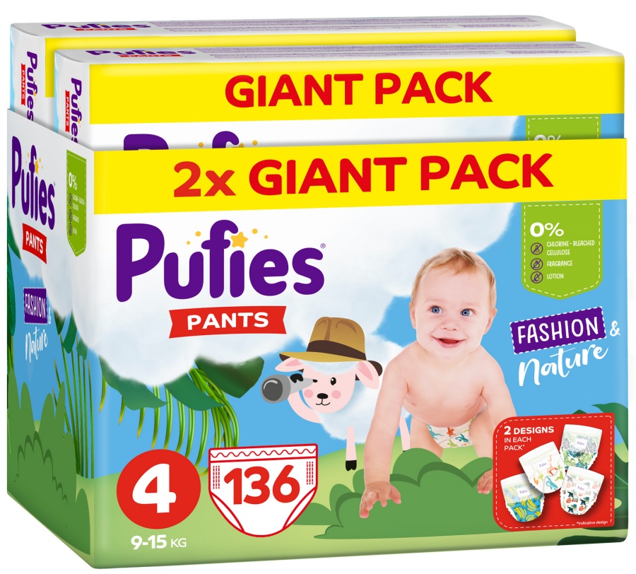 Scutece chilotei Pufies Fashion & Nature - Mărimea 4, 136 bucăți, 9-15 kg, Giant Pack
