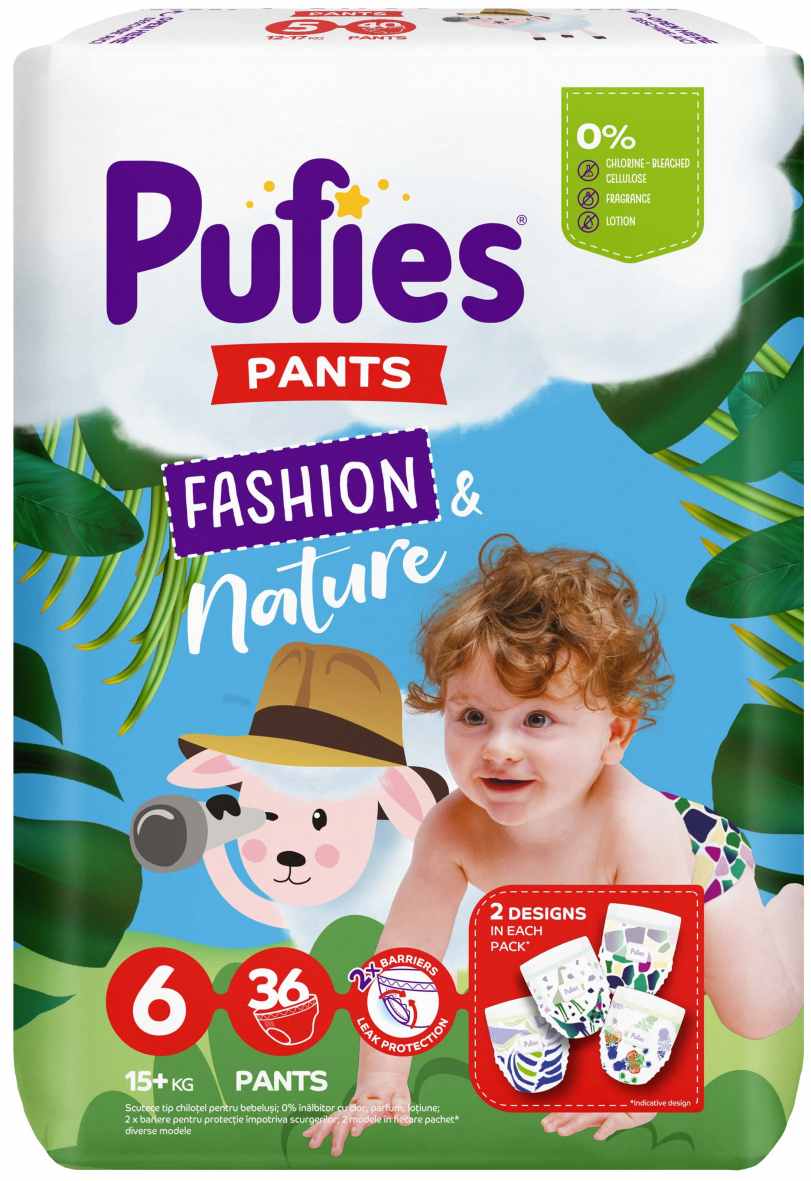 Scutece-Chilotel Pufies Pants Fashion and Nature Extra Large, Marimea 6, 15+ kg, 36 Bucati - imagine 2