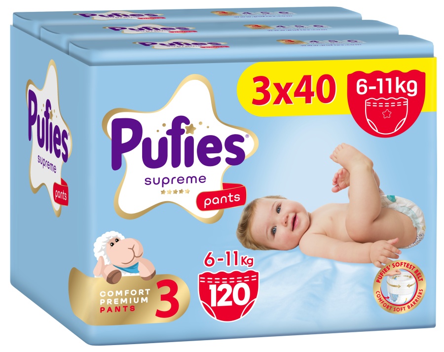 Scutece pantalonași Pufies Supreme - Mărimea 3 Midi, 120 bucăți, 6-11 kg, 3 x Value Pack