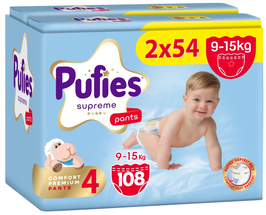 Scutece pantalonași Pufies Supreme - Mărimea 4 Maxi, 108 bucăți, 9-15 kg, 2 x Jumbo Pack