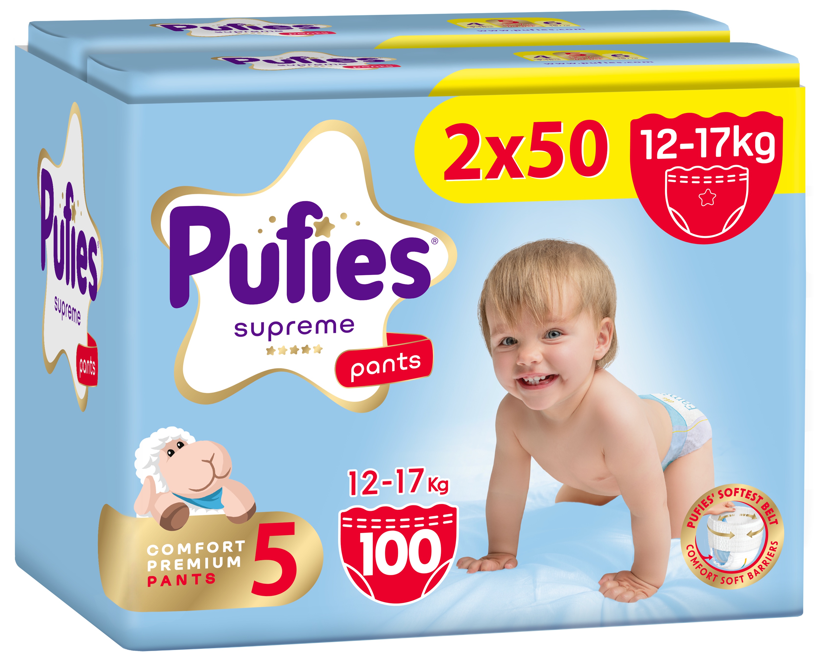 Scutece pantalonași Pufies Supreme - Mărimea 5 Junior, 100 bucăți, 12-17 kg, 2 x Jumbo Pack