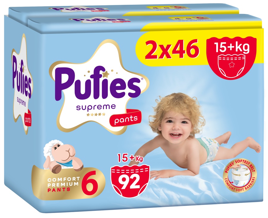 Scutece pantalonași Pufies Supreme - Mărimea 6 Extra Large, 92 bucăți, 15+ kg, 2 x Jumbo Pack